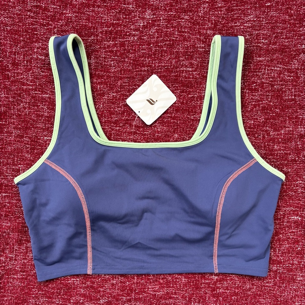 Fabletics Catalina Long Line Sports Bra Womens Sz M Dusty Purple Fun Green Trim
